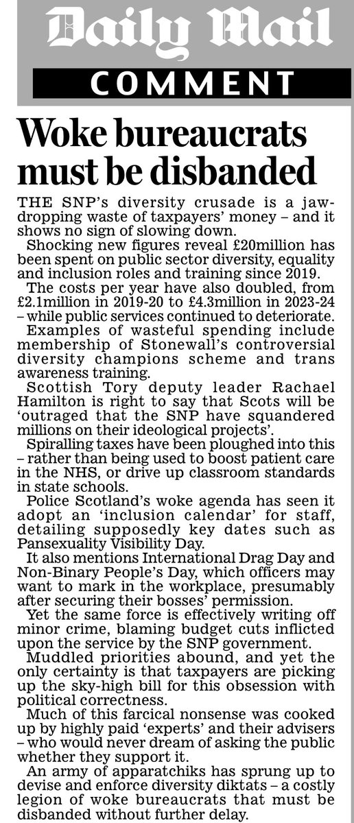 GrahamGGrant's tweet image. ✍️ From today’s leader column: An army of apparatchiks has sprung up to devise and enforce diversity diktats - a costly legion of woke bureaucrats that must be disbanded without further delay
newspaperscotland.mailplus.co.uk/data/6368/read…
#diversity #comment #woke #politics