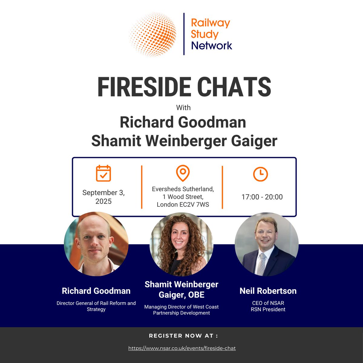 📢 Book your spot for Railway Study Network's next Fireside Chat!

Hear from Richard Goodman and Shamit Weinberger Gaiger OBE, in conversation with NSAR CEO Neil Robertson.

🔗Join us for what's certain to be an insightful and engaging evening: nsar.co.uk/events/firesid…