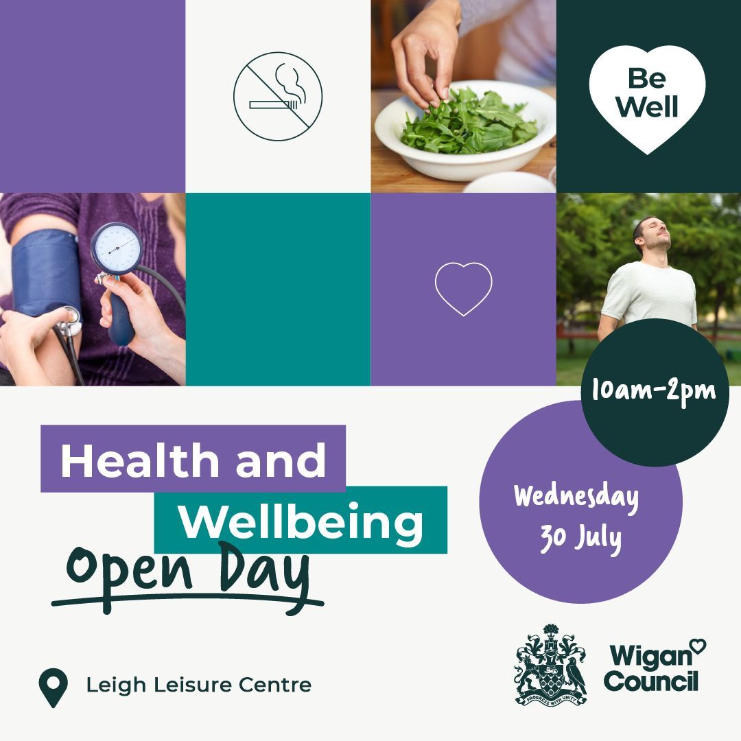 ThinkAheadWigan's tweet image. Looking for some advice with your health? Head to Leigh Leisure Centre on Wednesday 30th July! π
π§ Danielle, our Project Delivery Officer will be supporting this Be Well Wigan event and she will be offering stroke support, advice & information throughout the day.
10am - 2pm