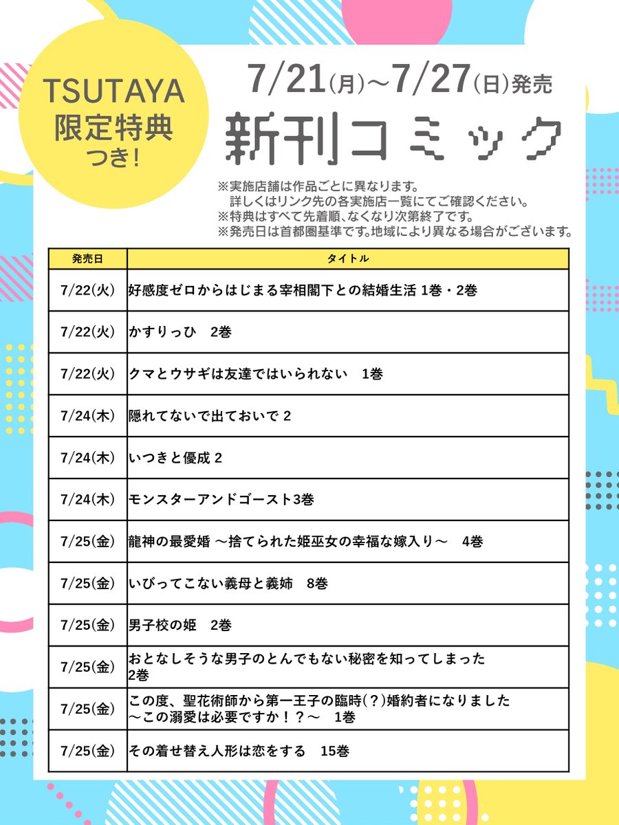 shop_TSUTAYA's tweet image. ˗ˏˋ 7/21(月)~7/27(日)発売 ˎˊ˗
📢先着で限定特典!コミック新刊情報📚
『#その着せ替え人形は恋をする』15巻
など注目コミック多数🌟
詳細👉tsutaya.jp/bo50744/
少女コミック「私の彼氏棚」👉@TSUTAYA_mybf
※作品ごとに実施店舗は異なります。