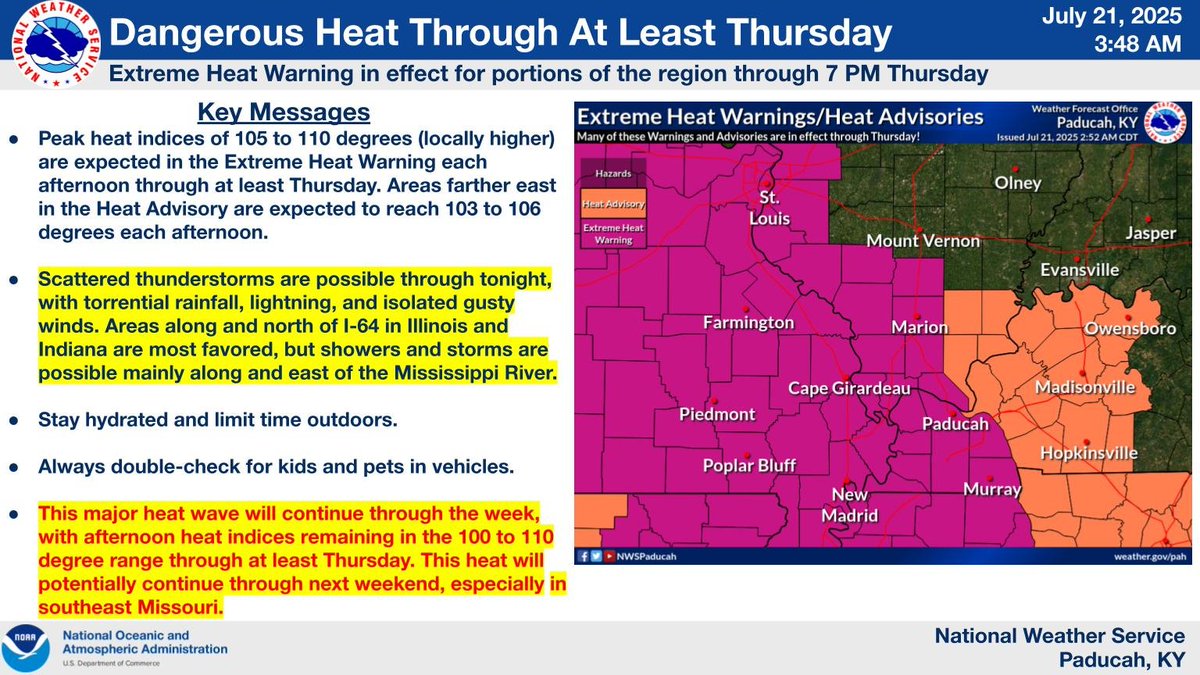 NWSPaducah's tweet image. Our region will continue to experience very hot and humid conditions this week, with Extreme Heat Warnings and Heat Advisories in effect for most of our area.