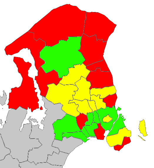 Interessant at se det på et kort. Grønne kommuner er dem der har haft større relativ befolningstilvækst end Region H, gule er kommuner har haft mindre men mere end landsgennemsnittet, røde er dem er vokset mindre end landsgennemsnittet. Der er en geografisk retning i væksten.