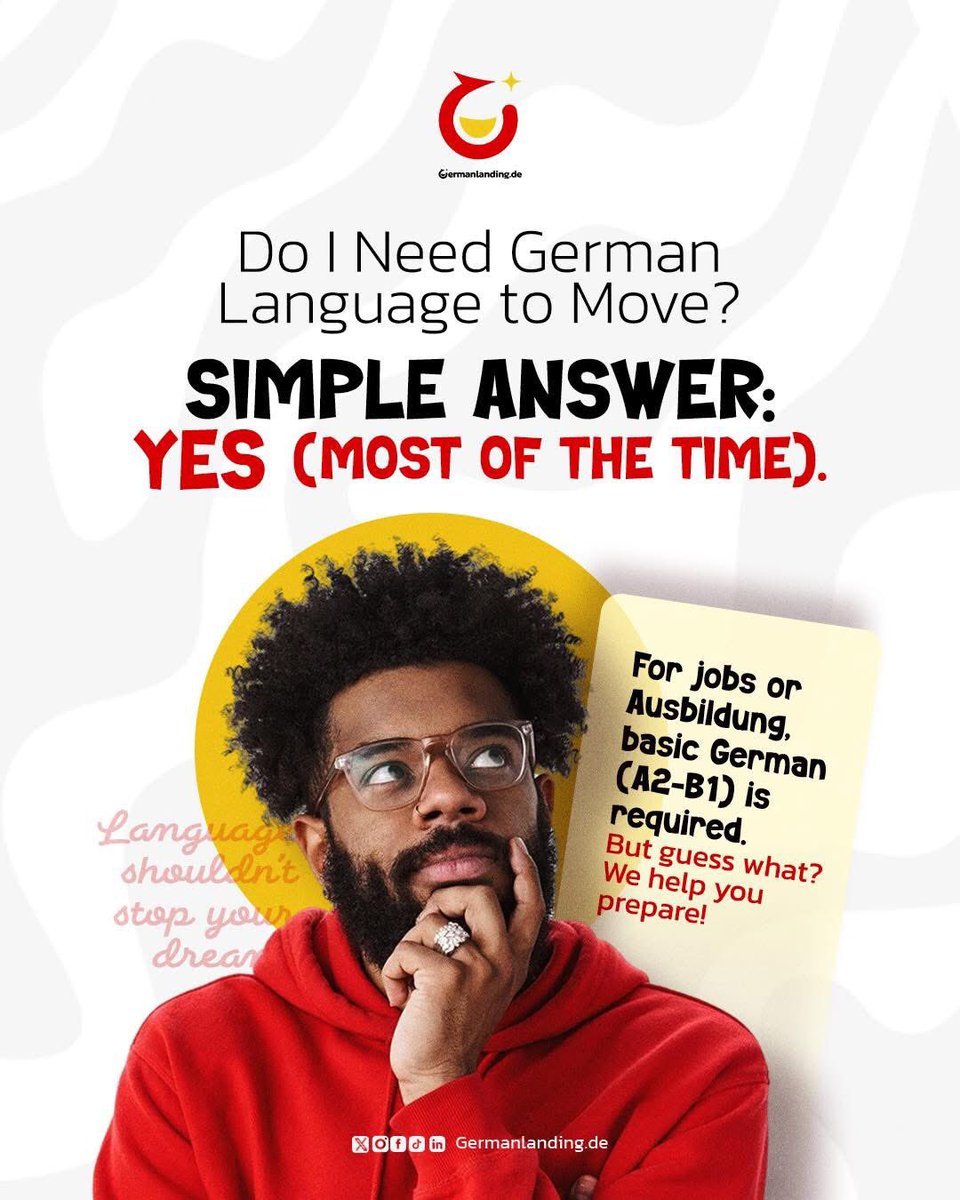 germanlandingDe's tweet image. Do I need German to move?
Simple answer: Yes; most of the time.
Whether it’s for a job or Ausbildung, basic German (A2–B1) is usually required.
But don’t worry we’ll help you get there.
Language shouldn’t stop your dream! 

#GermanLanding #MoveToGermany #Ausbildung2025