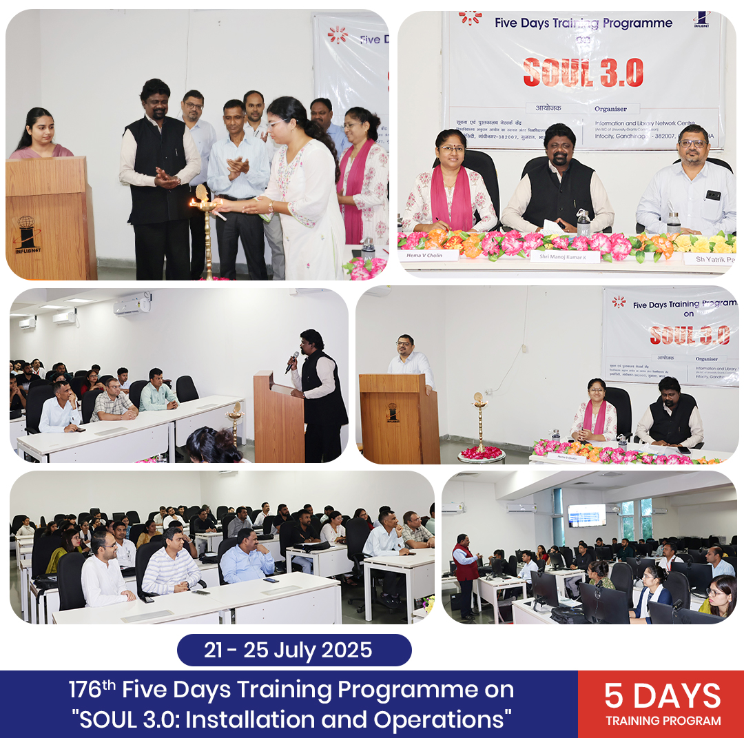 The 176th Five Days Training Programme on “SOUL 3.0: Installation and Operation is being organised at the <a href="/INFLIBNET/">INFLIBNET Centre</a>, Gandhinagar, from 21st to 25th July 2025. Sh. Manoj Kumar K., Scientist-F (CS), inaugurated the training program today at the Centre's training lab.