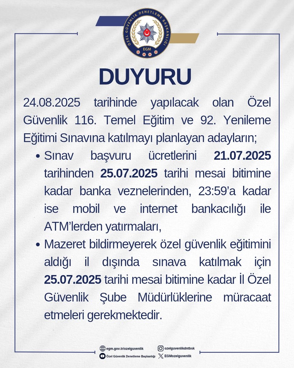 Özel Güvenlik Denetleme Başkanlığı (@egmozelguvenlik) on Twitter photo 📢 Tüm Adayların ve Eğitim Kurumlarının Dikkatine
<a href="/TC_icisleri/">T.C. İçişleri Bakanlığı</a>
<a href="/EmniyetGM/">Türk Polis Teşkilatı</a> 📢 Tüm Adayların ve Eğitim Kurumlarının Dikkatine
<a href="/TC_icisleri/">T.C. İçişleri Bakanlığı</a>
<a href="/EmniyetGM/">Türk Polis Teşkilatı</a>