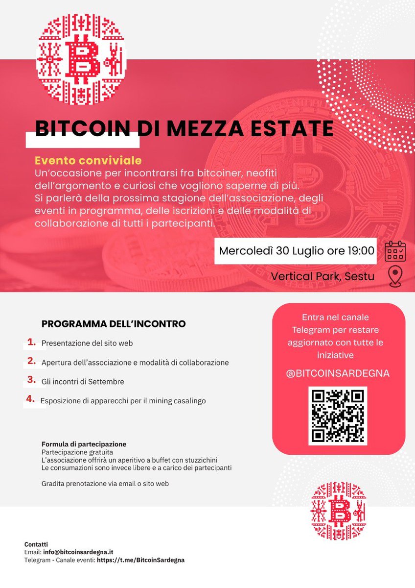 Ci vediamo al Vertical Park a Sestu in Via G. Di Vittorio 29 il 30 luglio ore 19:00 per parlare di Bitcoin 🍕
Scrivi a info@bitcoinsardegna.it per aiutarci a comunicare un numero approssimativo di partecipanti al locale che ci ospita