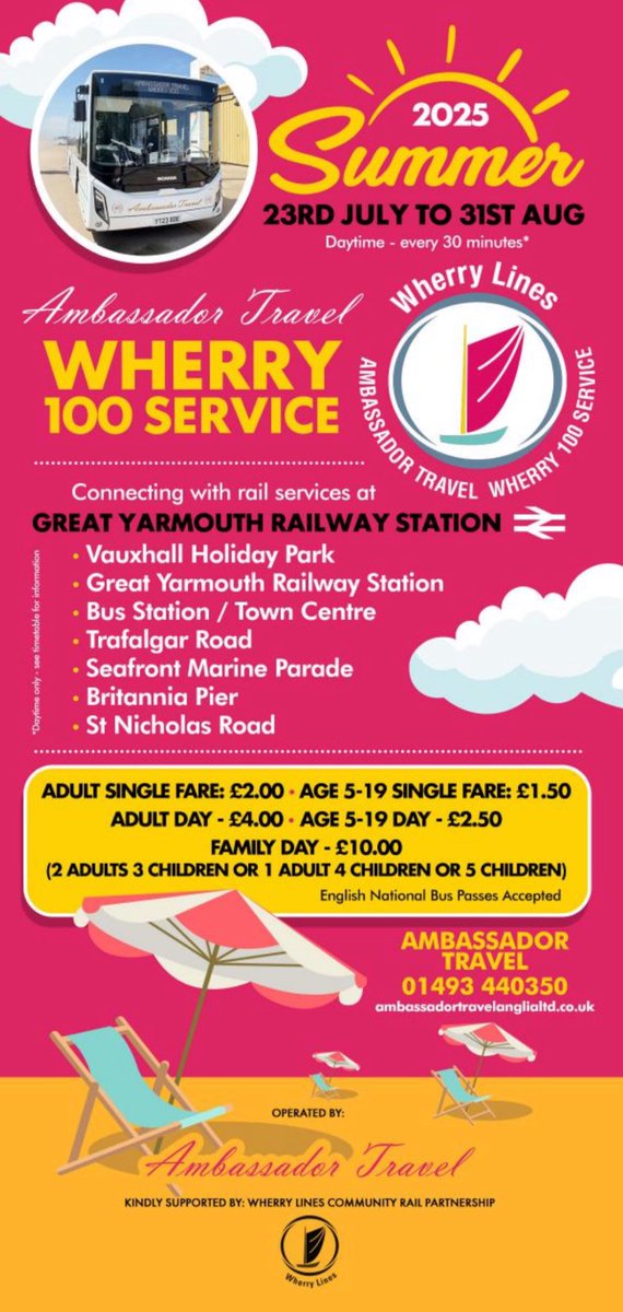WherryLines's tweet image. We are pleased to confirm that the Wherry 100 Summer Bus service connecting @greateranglia #GreatYarmouth station will run again this year from July 23 to August 31. More info here: wherrylines.com/2025/07/18/pop…
#CommunityRail