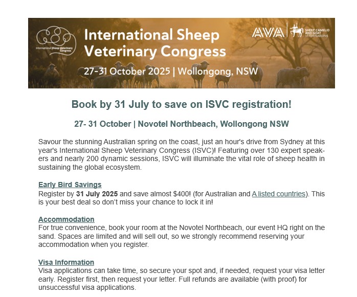 SheepVetsoc's tweet image. Don’t forget the ISVC 2025 being held in Wollongong, Australia from 27-31 October 2025.
Book by 31 July to save on ISVC registration!
Further information: au.eventscloud.com/website/2744/h…
#ISVC2025
@AustVetAssoc @BritishVets