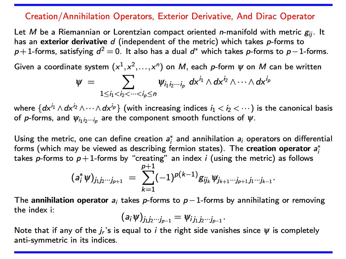 SamuelGWalters's tweet image. Physics and geometry.
The #physics: creation and annihilation operators.
The #geometry: the exterior derivative.
An interesting version of the #Dirac operator comes about from their interaction. #math #algebra