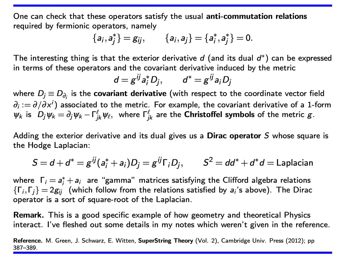 SamuelGWalters's tweet image. Physics and geometry.
The #physics: creation and annihilation operators.
The #geometry: the exterior derivative.
An interesting version of the #Dirac operator comes about from their interaction. #math #algebra