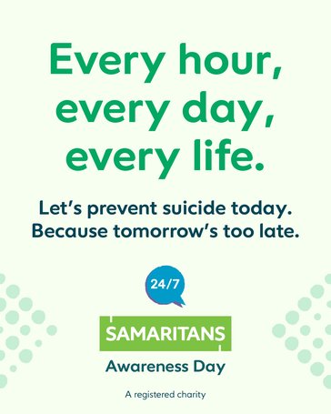 SamsSevenoaks's tweet image. 24 July is #SamaritansAwarenessDay – a chance to remind everyone that if you're finding life tough, we’re here to listen, 24/7 💚
📱 116 123