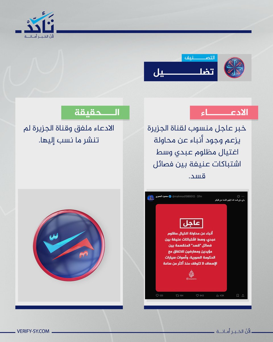 VeSyriaE's tweet image. Claims have been circulating, presented as breaking news attributed to Al Jazeera, alleging reports of an assassination attempt on Mazloum Abdi amid heavy clashes between SDF factions.
However, this claim is false.
Our OSINT search confirms that Al Jazeera DID NOT publish such…