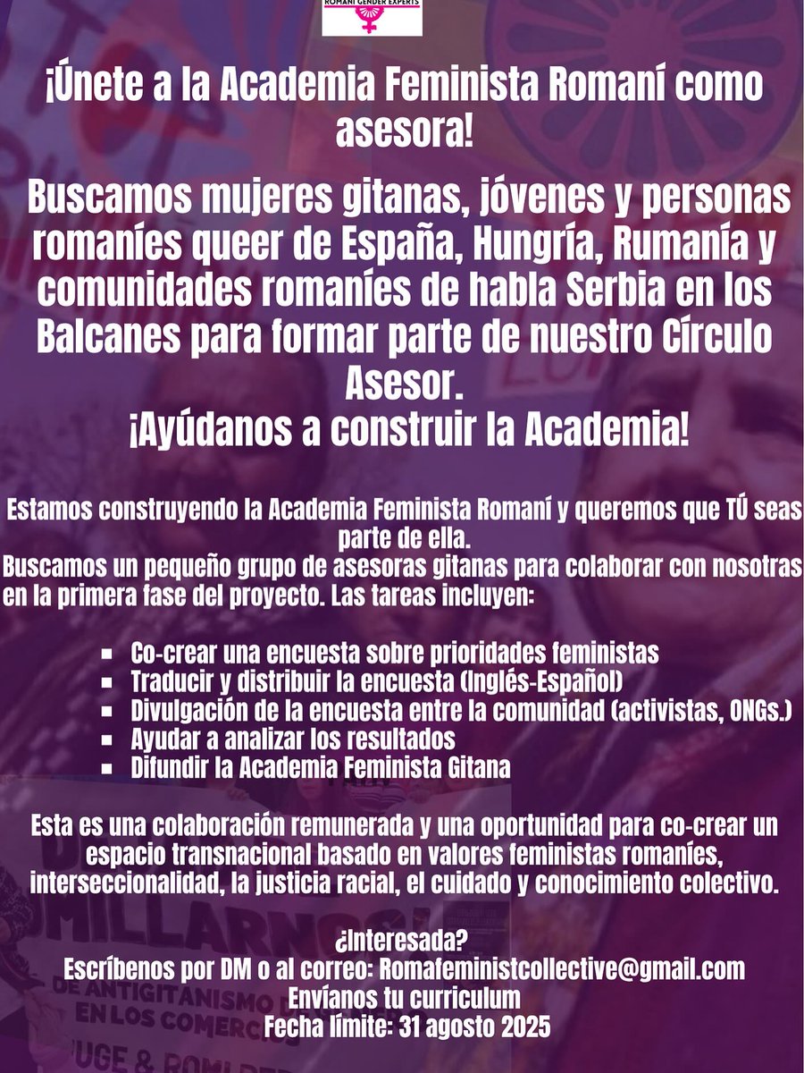 Feminist Collective of Romani Gender Experts
Rol: 
1. Co-desarrollar una encuesta para prioridades feministas en su lugar 
2. Llegar a ONGs y activistas 
3. Traducir y distribuir la encuesta 
4. Ayudar a analizar los resultados 
5. Difundir el Roma Feminist Project