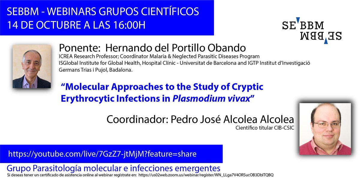 🗓️El próximo 14 de octubre a las 16h "Webinar Grupo Parasitología molecular e infecciones emergentes" coordinado por Pedro José Alcolea

🗣️ <a href="/DELPORTILLOHA/">HERNANDO A DEL PORTILLO</a>  - <a href="/ISGLOBALorg/">ISGlobal</a>

✍️ f.mtr.cool/gbbwwmbweh
▶️ Síguelo en directo: f.mtr.cool/xfwubmolgr