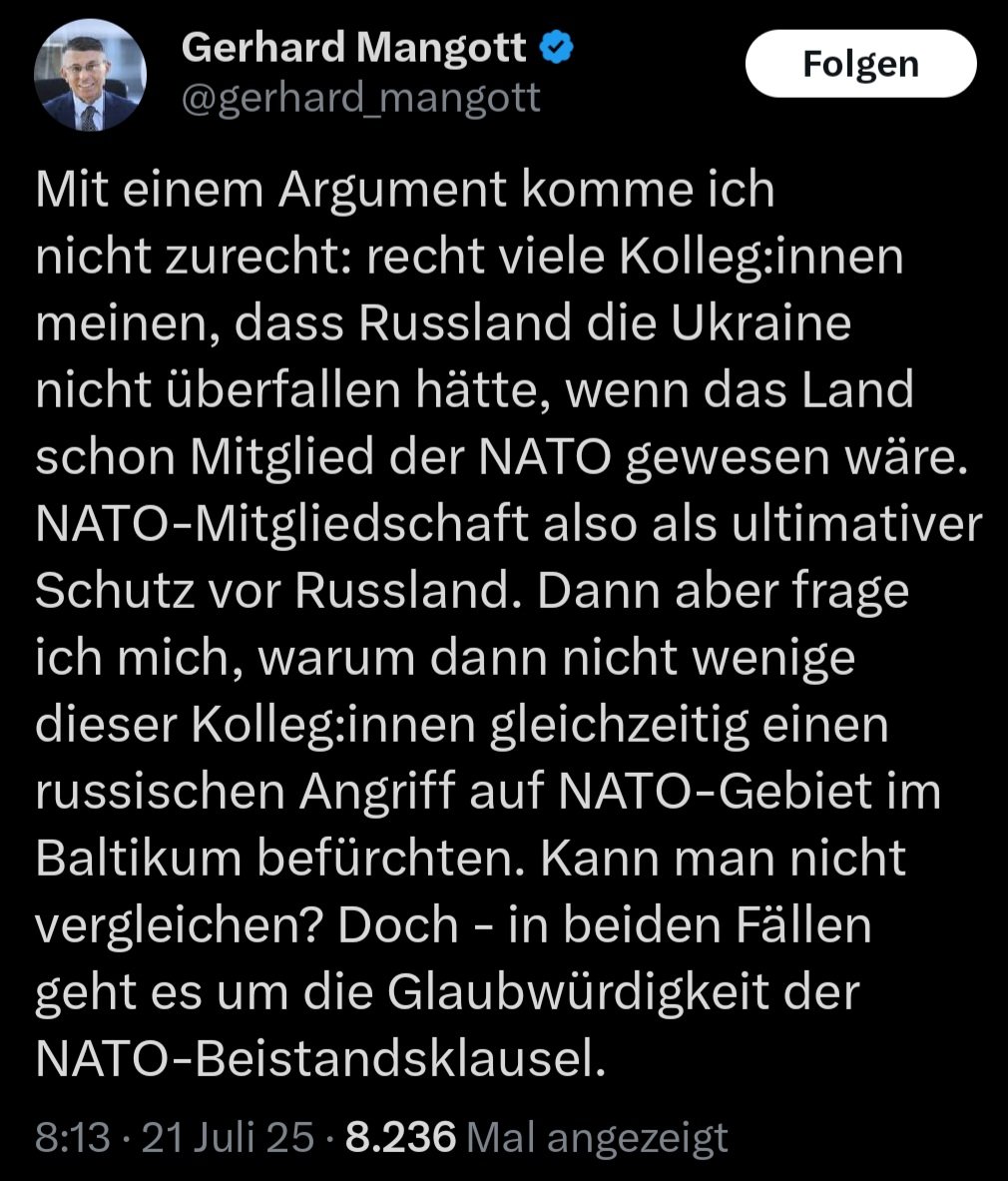 lena4berger's tweet image. Eine NATO-Mitgliedschaft schreckt ab, garantiert aber keine absolute Sicherheit - schon gar nicht bei Testszenarien unterhalb der Kriegsschwelle. Insofern präsentiert @gerhard_mangott hier nichts weiter als ein Scheinargument, das auf das Konto russischer Propaganda einzahlt.