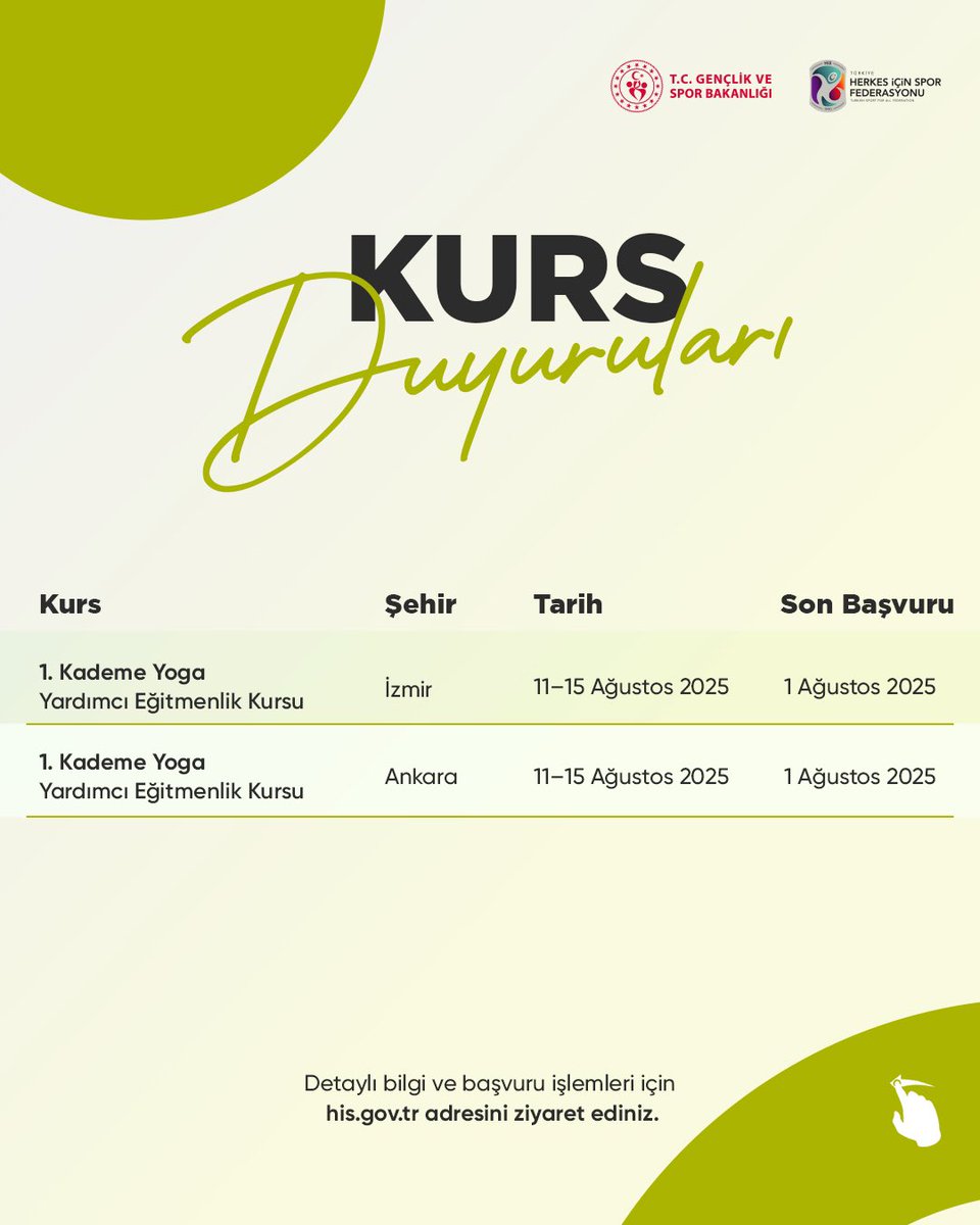 📢 Türkiye Herkes İçin Spor Federasyonu Başkanlığı tarafından düzenlenen yeni eğitmenlik kursları için başvurular başladı!

🔗 Başvuru süreci:
📌 Kurs ilan metnini bilgisayar üzerinden mutlaka okuyun: his.gov.tr
📌 Başvurularınızı e-Devlet Kapısı üzerinden yapın: