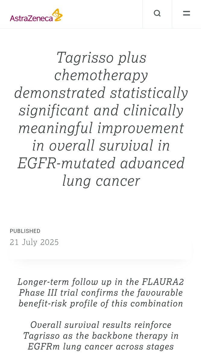 SuyogCancer's tweet image. 🚨 Big news in #lungcancer!
📢 Final OS data from FLAURA2
💊 Tagrisso + chemo ⬆️ overall survival in 1L EGFRm NSCLC vs Tagrisso alone
🔑 Statistically & clinically meaningful
🧬 Longest median PFS in class
🛡 No restriction on post-progression Rx .
It will be intresting to see…