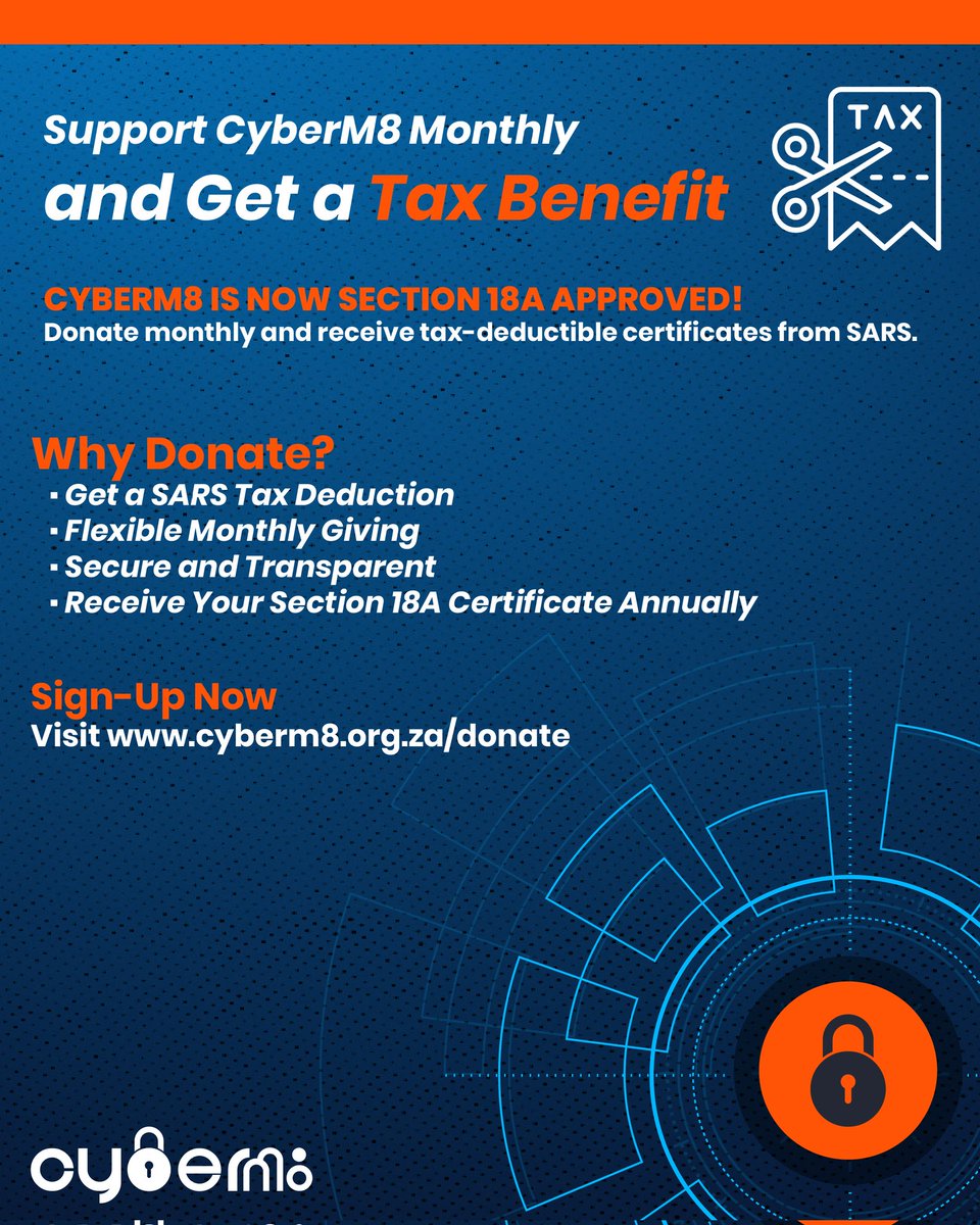 OurCyberM8's tweet image. CYBERM8 IS NOW SECTION 18A APPROVED!
Donate monthly and receive tax-deductible certificates from SARS.
Your donation helps us protect South Africa’s youth and communities .
Every rand counts. Every donation makes a difference.
Sign up now:
forms.gle/YhSqdXj7515yxB…