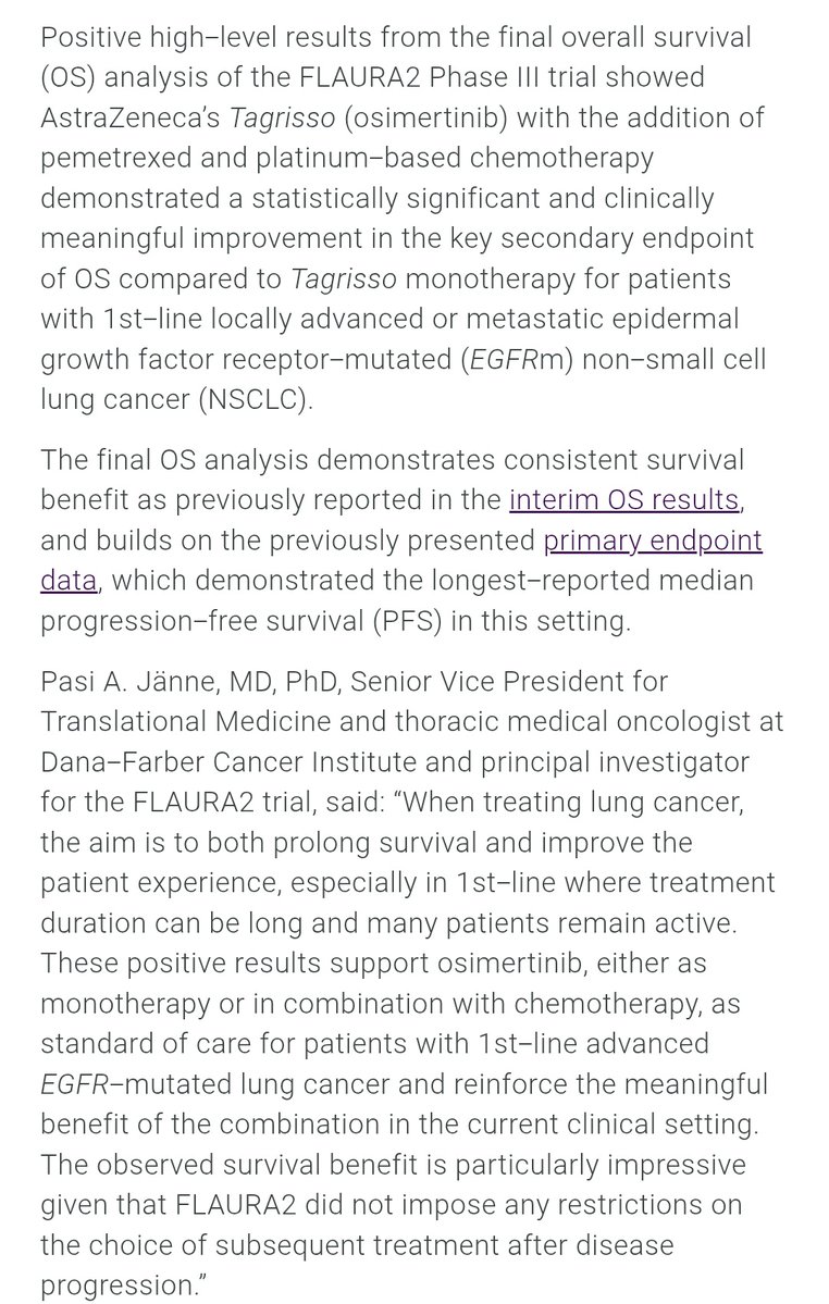 SuyogCancer's tweet image. 🚨 Big news in #lungcancer!
📢 Final OS data from FLAURA2
💊 Tagrisso + chemo ⬆️ overall survival in 1L EGFRm NSCLC vs Tagrisso alone
🔑 Statistically & clinically meaningful
🧬 Longest median PFS in class
🛡 No restriction on post-progression Rx .
It will be intresting to see…