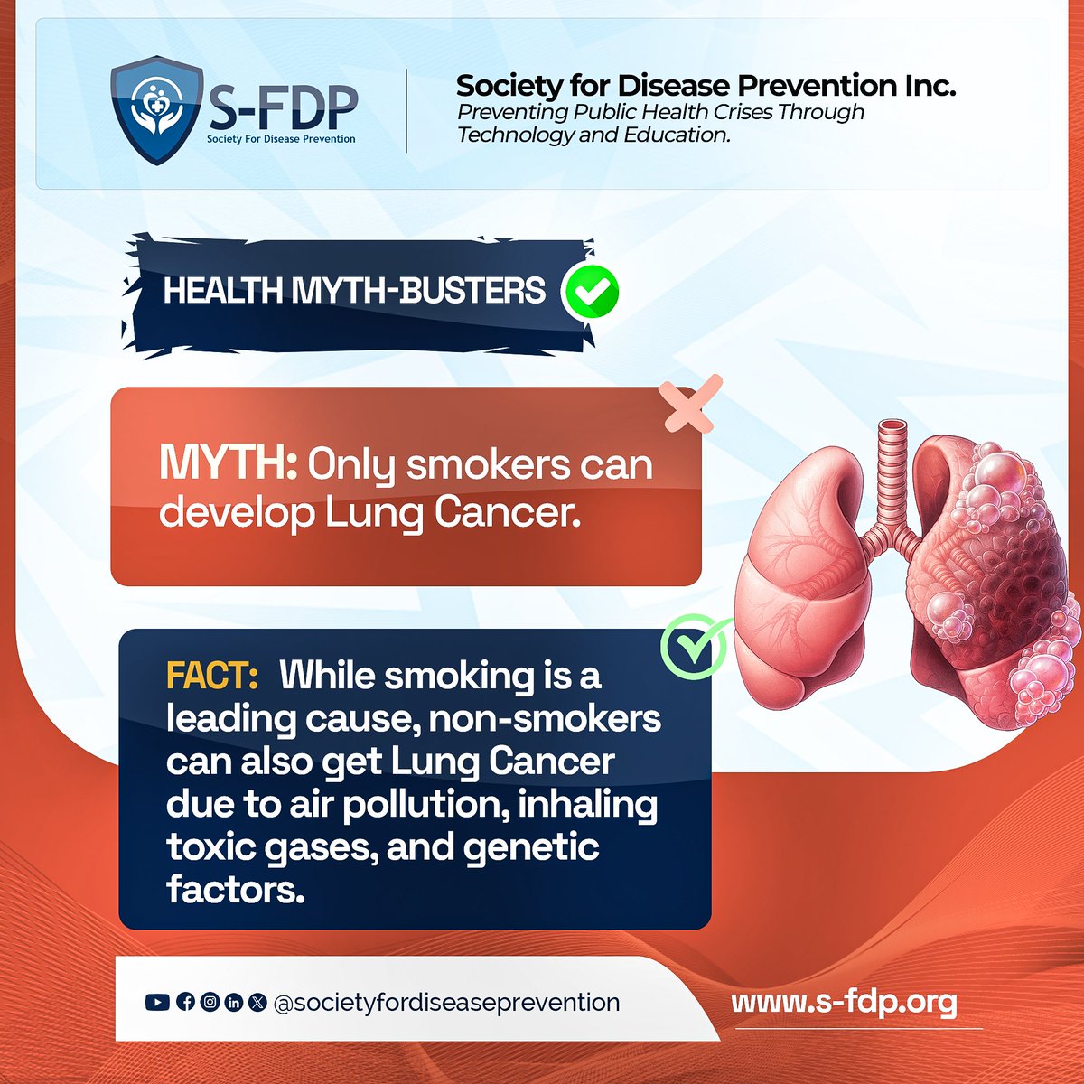 disease_society's tweet image. Smokers are at higher risk of lung cancer.
Non-smokers can also be at risk due to air pollution, toxic gas exposure, or having a family history of lung cancer.
Knowing the facts helps protect everyone, not just those who smoke.
#lungcancer #healthylifestyle