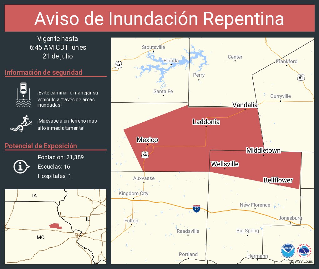 NWSStLouis's tweet image. Aviso de Inundación Repentina continúa Mexico MO, Vandalia MO, Wellsville MO hasta las 6:45 AM CDT