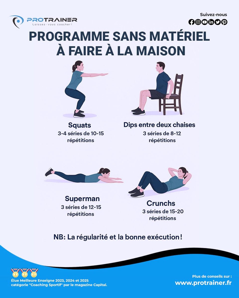 🏠 Ton corps, ta salle de sport !

Pas besoin de machines pour transpirer et progresser 💪
Voici un programme 100 % sans matériel, à faire chez toi, quand tu veux 👇

✅ Objectifs : tonifier, renforcer, transpirer
⚠️ Clé du succès : régularité + bonne exécution