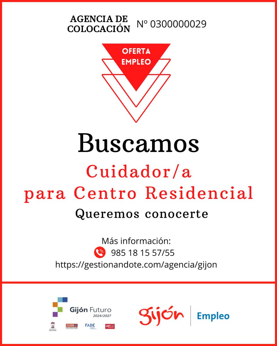 Agencia Local Empleo de Gijón/Xixón (@empleogijon) on Twitter photo ‼️ Nueva oferta de empleo
🔴 Cuidador/a para Centro Residencial
➡️ tinyurl.com/59eeed5e
Personas interesadas en la oferta:
📞 Llama al 985 18 15 57 – 985 18 15 55
💻 Date de alta en bit.ly/OfertasEmpleoG…
<a href="/gijon/">Gijón/Xixón</a> #gijon #xixon #empleo #trabajo #cuidadora #GijonEmpleo ‼️ Nueva oferta de empleo
🔴 Cuidador/a para Centro Residencial
➡️ tinyurl.com/59eeed5e
Personas interesadas en la oferta:
📞 Llama al 985 18 15 57 – 985 18 15 55
💻 Date de alta en bit.ly/OfertasEmpleoG…
<a href="/gijon/">Gijón/Xixón</a> #gijon #xixon #empleo #trabajo #cuidadora #GijonEmpleo
