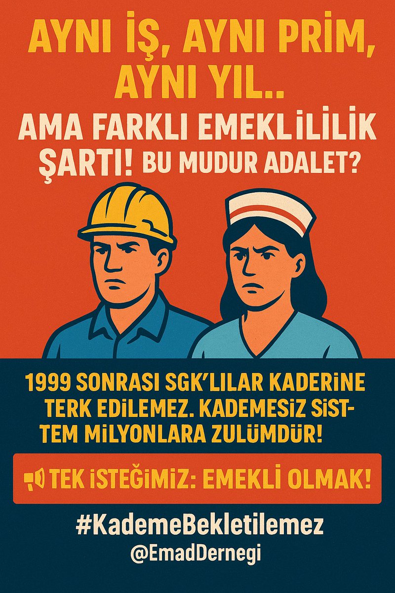 Fatma Kula ⚖️ (@erenvural1234) on Twitter photo Aynı iş, aynı prim, aynı yıl…
Ama farklı emeklilik şartı❗️
Bu mudur adalet⁉️
1999 sonrası SGK’lılar kaderine terk edilemez❗️
Kademesiz sistem milyonlara zulümdür❗️
📢 Tek isteğimiz: EMEKLİ OLMAK‼️
#KademeBekletilemez
<a href="/EmadDernegi/">EMEKLİLİKTE ADALET DERNEĞİ ⚖️</a> Aynı iş, aynı prim, aynı yıl…
Ama farklı emeklilik şartı❗️
Bu mudur adalet⁉️
1999 sonrası SGK’lılar kaderine terk edilemez❗️
Kademesiz sistem milyonlara zulümdür❗️
📢 Tek isteğimiz: EMEKLİ OLMAK‼️
#KademeBekletilemez
<a href="/EmadDernegi/">EMEKLİLİKTE ADALET DERNEĞİ ⚖️</a>