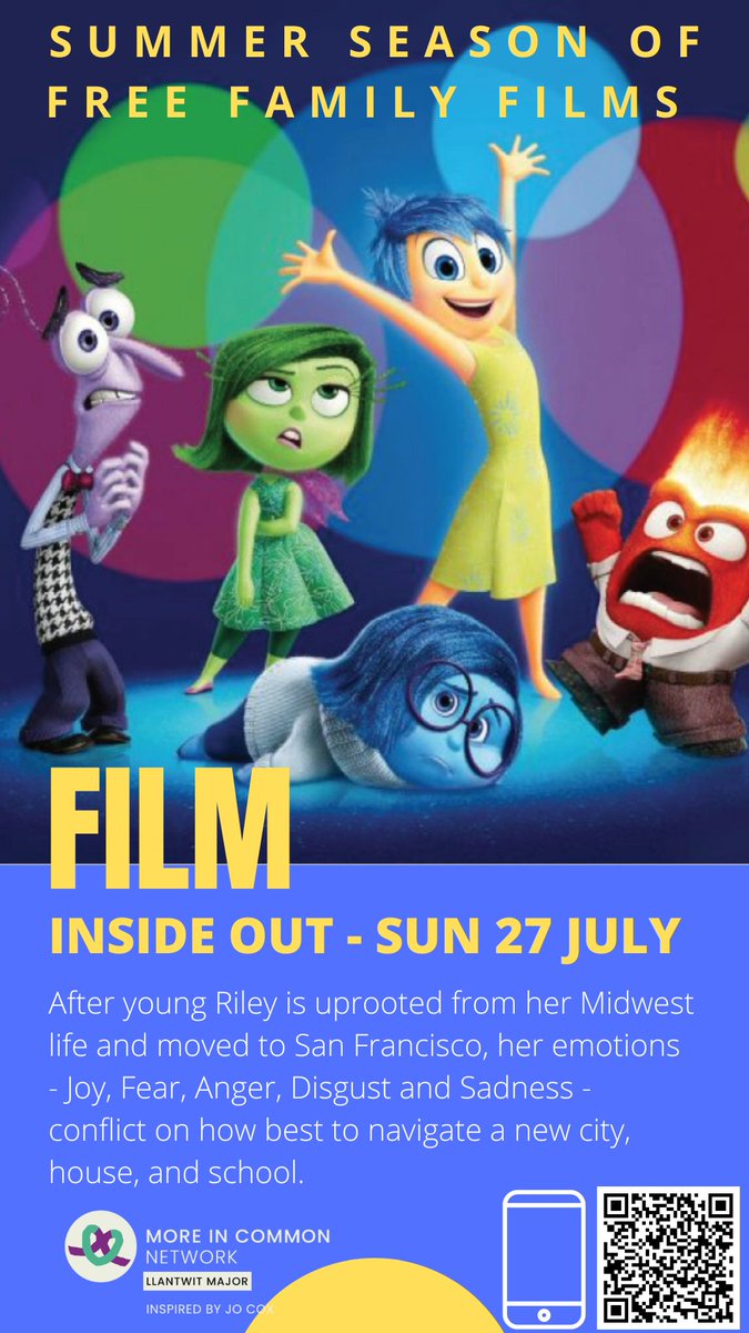 🎞️Summer holiday films for families FREE! 
We've joined up with St Illtud's Church to run family screenings in #llantwitmajor &amp; the rural Vale. Something to help families during holidays 
First up 'Inside Out' this Sunday 
Thanks to <a href="/coopuk/">Co-op</a> 📷 eventbrite.co.uk/o/more-in-comm…