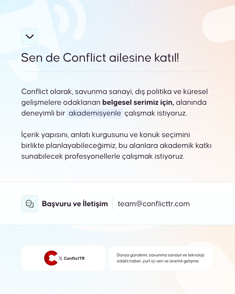 ConflictTR's tweet image. 🎬 Conflict olarak, savunma sanayi, dış politika ve küresel gelişmelere odaklanan belgesel serimiz için, alanında deneyimli bir akademisyenle çalışmak istiyoruz.

İçerik yapısını, anlatı kurgusunu ve konuk seçimini birlikte planlayabileceğimiz, bu alanlara akademik katkı…