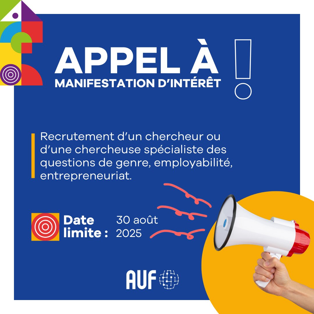 🚨 L’AUF recrute un·e expert·e pour une recherche-action sur l’autonomisation des femmes en Afrique centrale (Cameroun, Congo, RCA, RDC).
📅 2 ans
📩 Candidature avant le 30 août 2025 : virginie.tallio@auf.org

Plus d'infos 👉🏾bit.ly/RELIEEF.

#RELIEEF #Genre #AUF