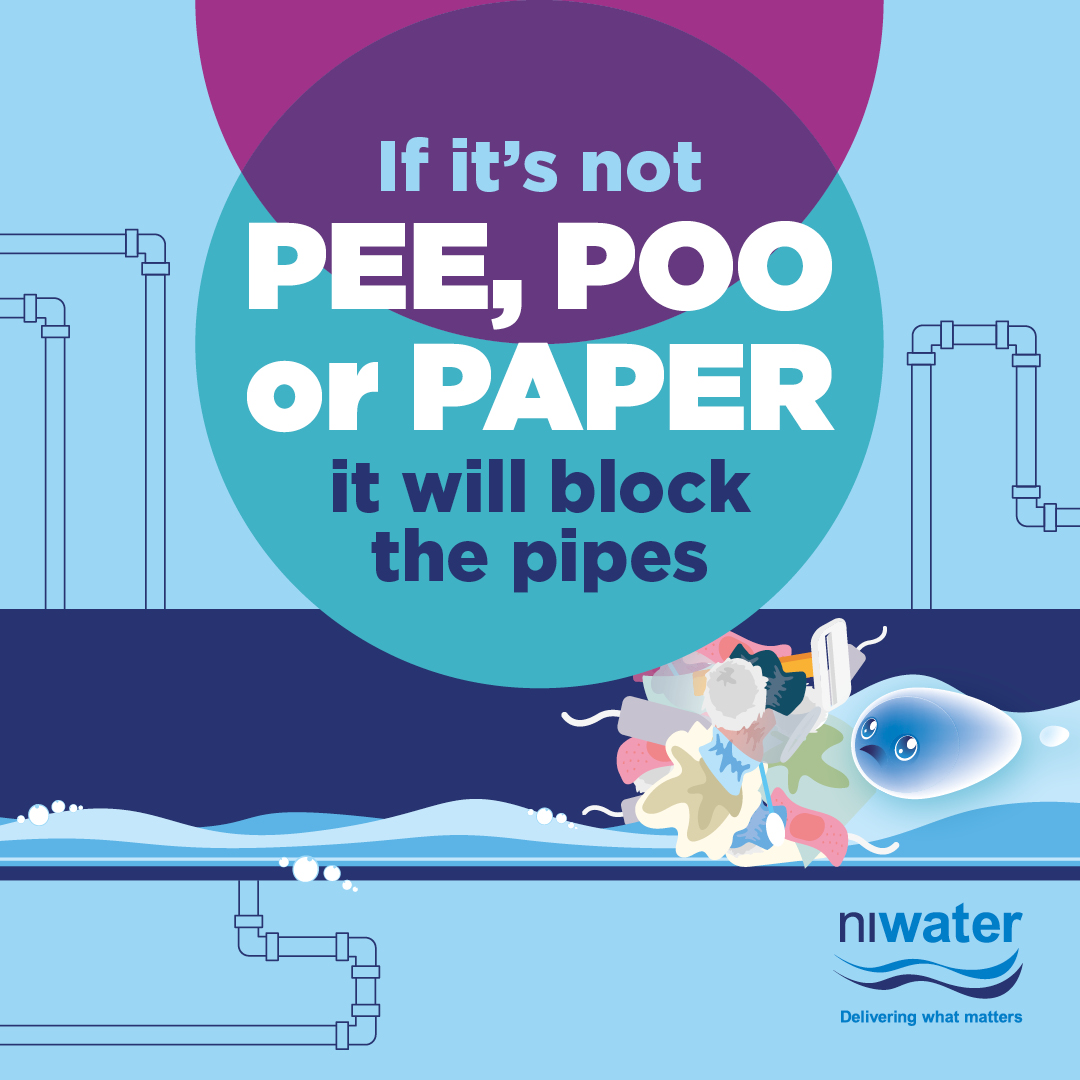 Flushing things like wipes &amp; sanitary products can block your drains.
Only flush pee, poo or paper. For anything else, bag it &amp; bin it.

🔗niwater.com/bag-it-and-bin…
88w