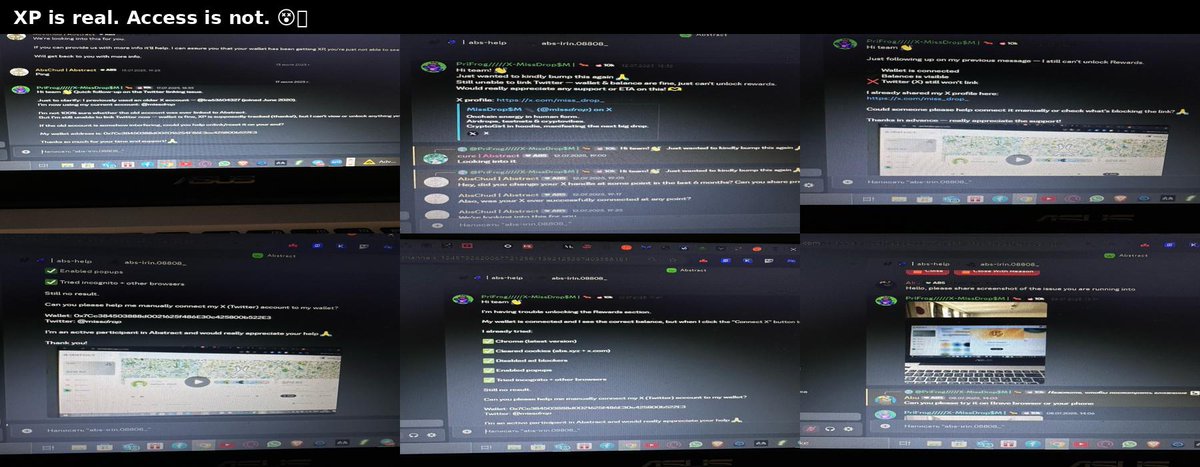 Hey @abstract_xyz

Wallet is receiving XP just fine, but I still can’t link my Twitter (<a href="/missdrop/">chocolate drop</a>) — no access to features or rewards.

Old account (<a href="/Ira63604327/">Ira</a>) might still be linked.

Reached out via Discord (July 8, 10, 12 &amp; 17) — no resolution yet.

Would appreciate help