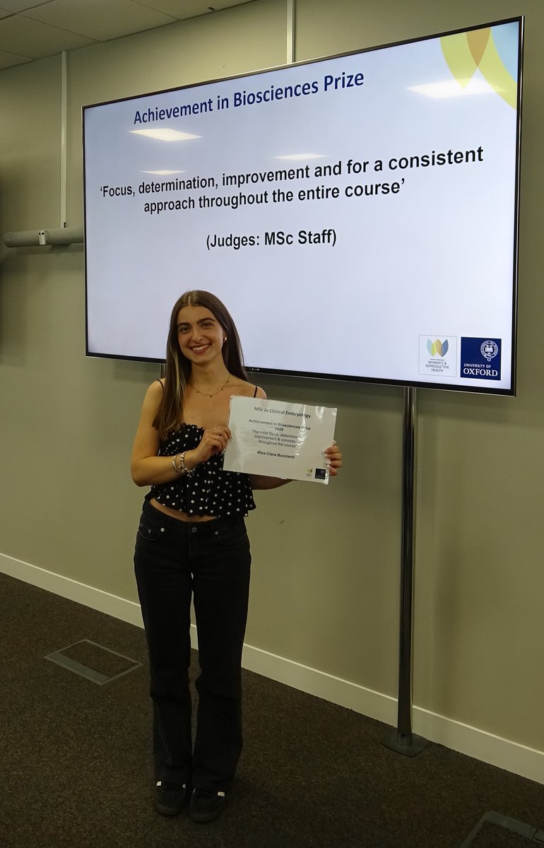 MSc in Clinical Embryology, University of Oxford (@ox_msc_clinemb) on Twitter photo Congratulations to Clara for winning the Achievement in Biosciences Prize 2025! This prize is awarded to the student who shows the most focus, determination, improvement & consistent approach throughout the course! <a href="/Ox_wrh/">Nuffield Dept of Women's & Reproductive Health</a> Congratulations to Clara for winning the Achievement in Biosciences Prize 2025! This prize is awarded to the student who shows the most focus, determination, improvement & consistent approach throughout the course! <a href="/Ox_wrh/">Nuffield Dept of Women's & Reproductive Health</a>