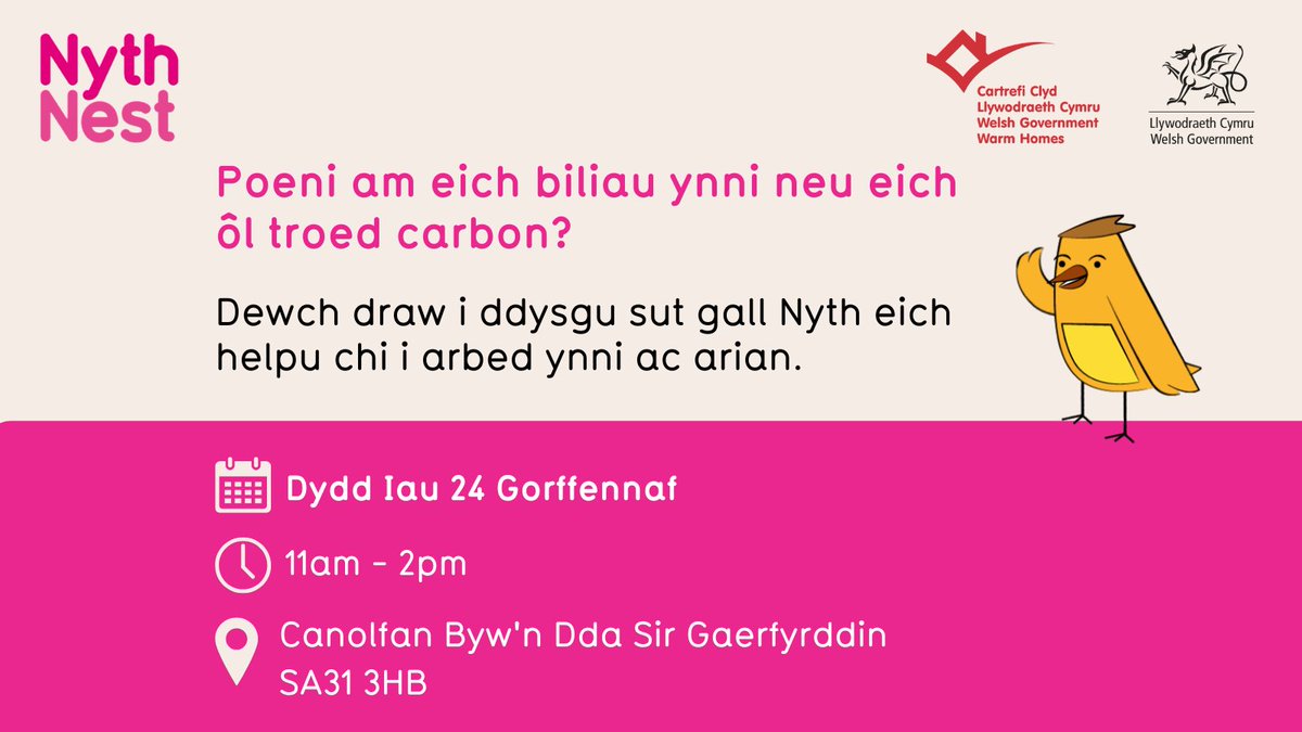 Bydd ein cydweithiwr Pete yng Nghaerfyrddin ddydd Iau ar gyfer sesiwn gyngor galw heibio PLANED.

⏰ 11am – 2pm
📍 Canolfan Byw'n Dda Sir Gaerfyrddin, Adeilad 1, Parc Dewi Sant SA31 3HB

👋 Dewch draw i ddysgu sut gall Nyth eich helpu chi i arbed ynni ac arian.