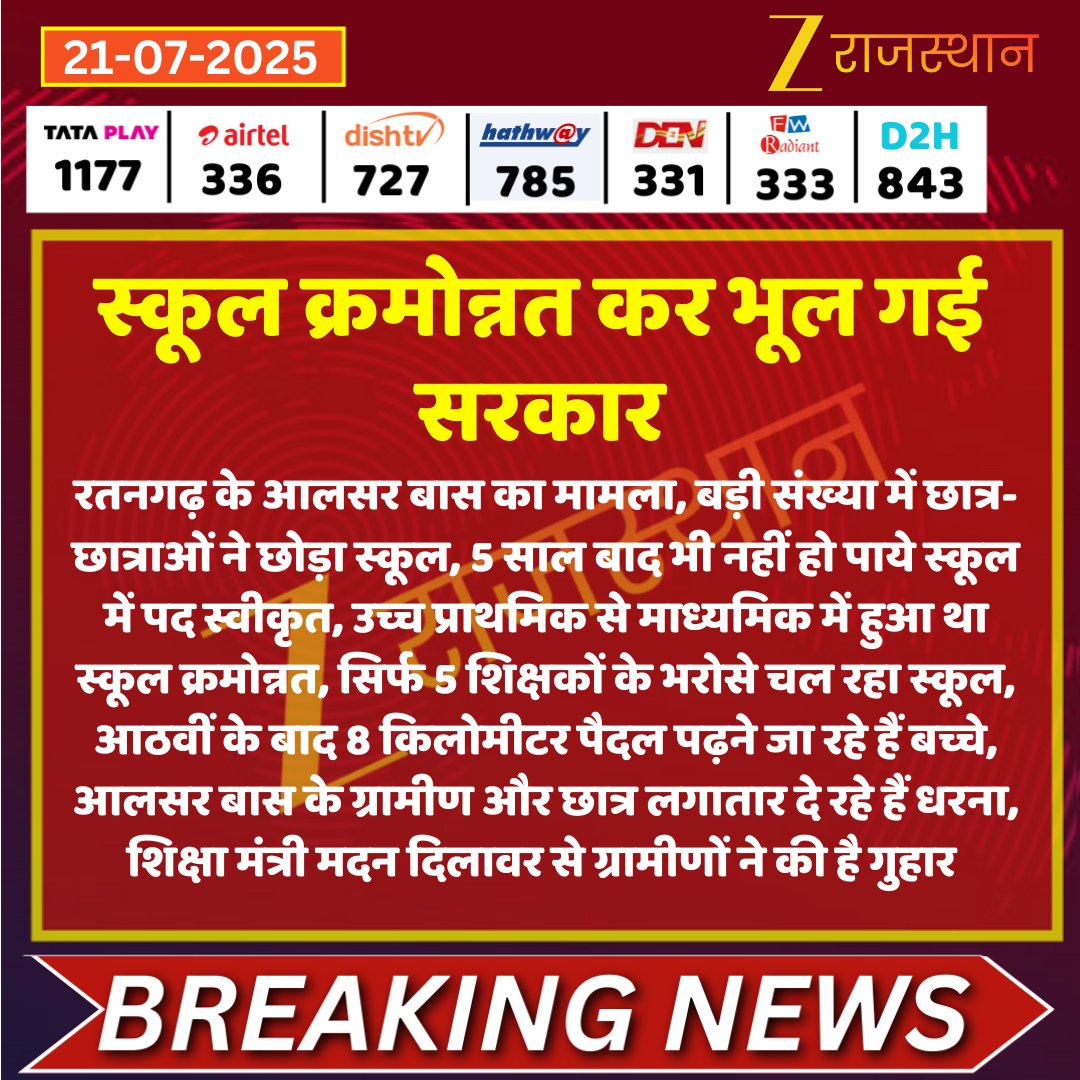 ZEE Rajasthan (@zeerajasthan_) on Twitter photo #Churu : स्कूल क्रमोन्नत कर भूल गई सरकार
<a href="/madandilawar/">Madan Dilawar</a> <a href="/rajeduofficial/">Dept of Education, Rajasthan</a> <a href="/DmChuru/">District Collector & Magistrate, Churu</a> <a href="/BabulalDhayal18/">Babulal Dhayal Journalist</a> #LatestNews #RajasthanNews #RajasthanWithZee #Churu : स्कूल क्रमोन्नत कर भूल गई सरकार
<a href="/madandilawar/">Madan Dilawar</a> <a href="/rajeduofficial/">Dept of Education, Rajasthan</a> <a href="/DmChuru/">District Collector & Magistrate, Churu</a> <a href="/BabulalDhayal18/">Babulal Dhayal Journalist</a> #LatestNews #RajasthanNews #RajasthanWithZee