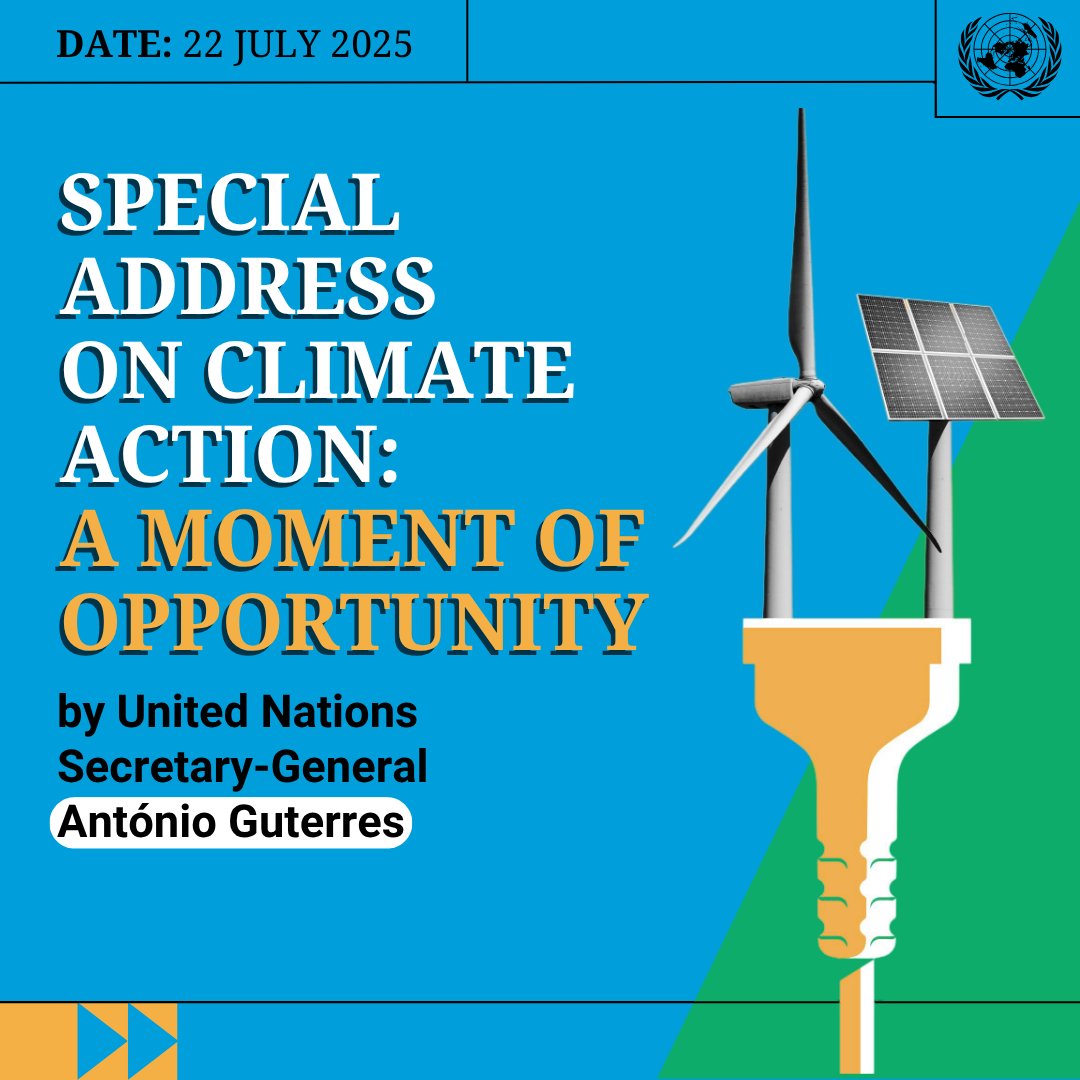 UNinLibya's tweet image. 📣 Don’t miss this!
Be part of a pivotal moment as the UN Secretary-General presents his Special Address on Climate Action titled “A Moment of Opportunity” 🌱🌍
🗓️ 22 July 2025
🕐 1 PM GMT | 3 PM Libya time
📺 Watch live at webtv.un.org
Explore how the clean energy…
