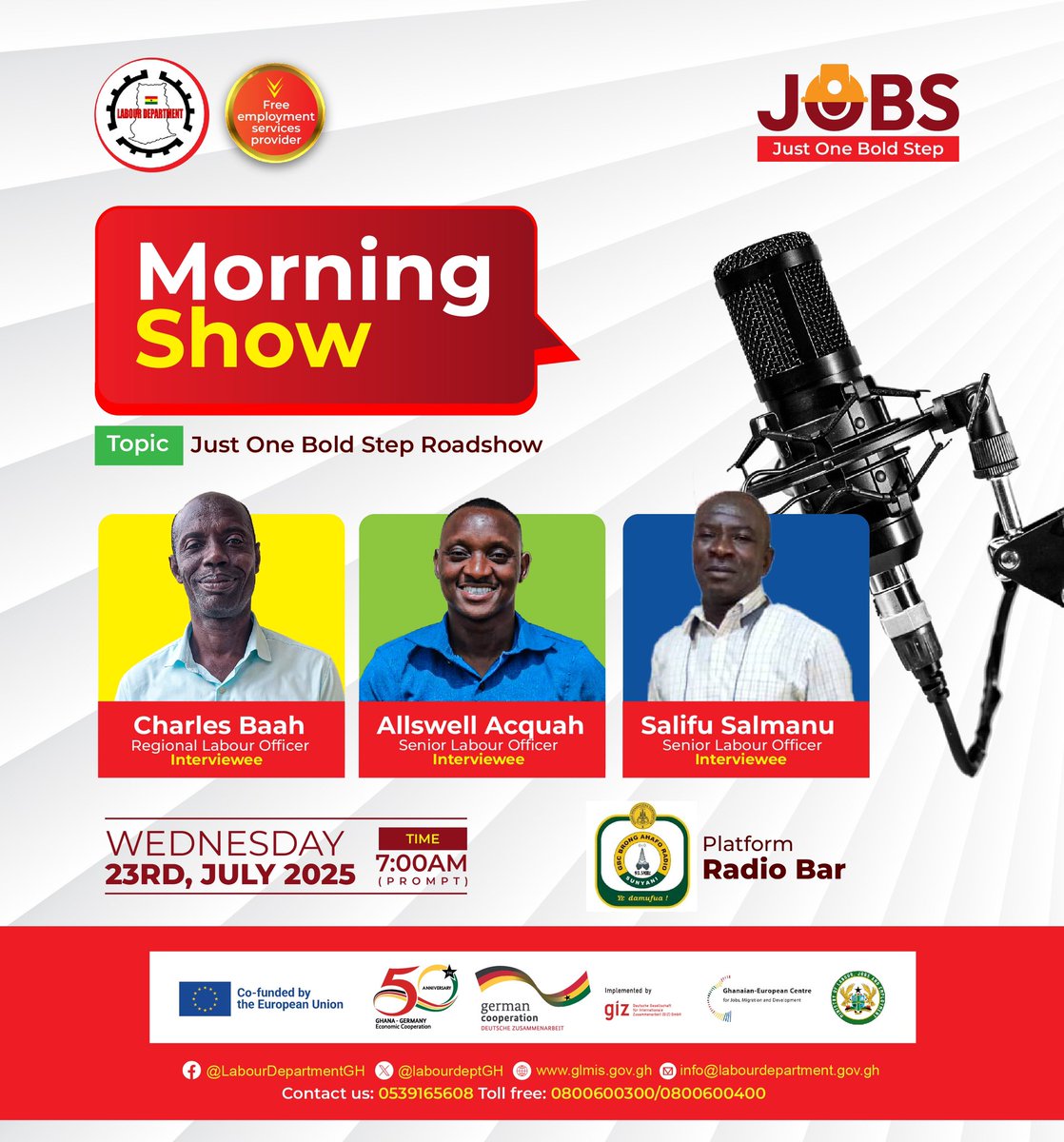 What does #JustOneBoldStep mean to you? Join the conversation with our Regional Labour Officer and team! 

🗓️Tomorrow, July 22nd: Tune in to Ark FM at 7:00am prompt. 

🗓️ Wednesday, July 23rd: catch us on Radio Bar at 7:00am prompt. 

#JOBSroadshow #JustOneBoldStep