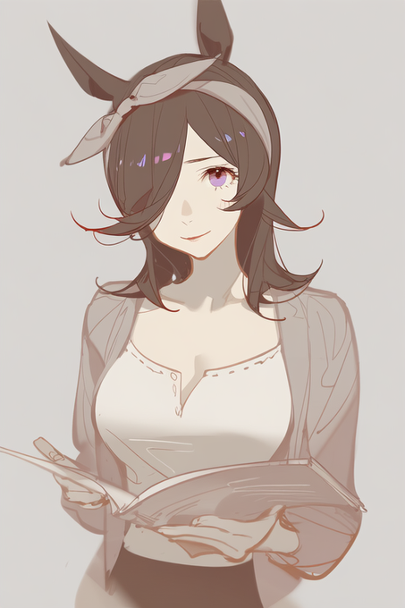 #大人ウマ娘シリーズ ライスシャワー あこがれの景色を目指して走り続けた。卒業後大会などに出場することはなかったが鍛錬は怠らなかった。意中の男性とゴールインした後も走り続け、ネットに気まぐれに上げた画像が編集者の目に留まり本を出版することに。優しいタッチの、優しい絵を描く。