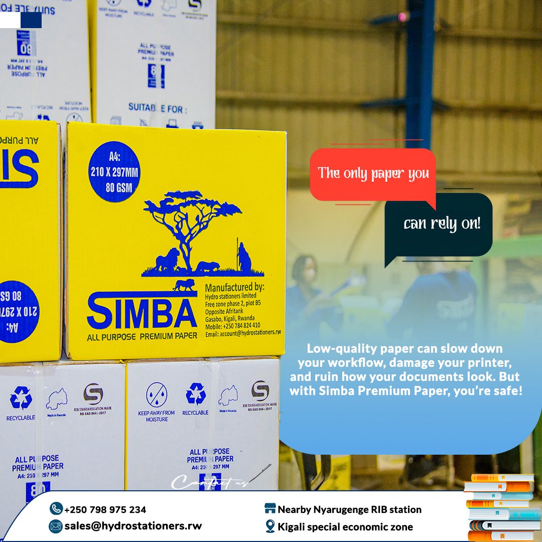 SimbaStationery's tweet image. Choose Wisely. Print with Purpose.
Not all paper is the same — low quality costs more in the long run.
Simba Premium Paper gives you smooth printing, sharp results, and reliable quality every time.

📄 Made in Rwanda. Trusted by professionals.
#SimbaPremiumPaper #PrintWithPurpos