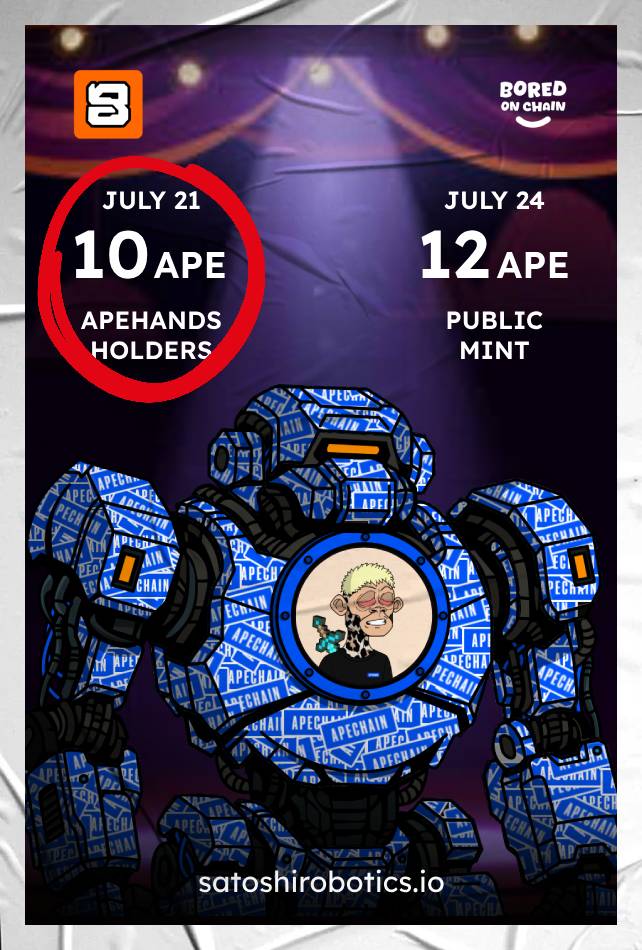 Grumpysmurf_xyz's tweet image. READY FOR TODAY ⁉️

Today is a very big day at @SatoshiRobotics 🤖
New start is here, for all our #ApeHands holders you have the mint for 3 days at 10 $Ape

Don t miss the creation of the modular NFT, here every capsule you mint you will get a complete set of parts to build !
All…