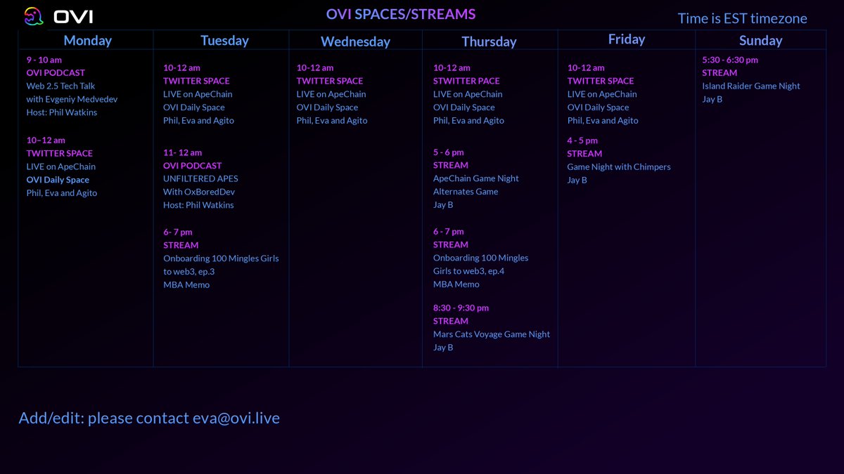 OVIDOTLIVE's tweet image. Happy New Week, OVI fam!
Starting now, all our online events: ambassadors' streams, Twitter Spaces, podcasts, and more - will be wrapped into one unified OVI event schedule
This means you’ll be able to stay on top of everything happening in the OVI ecosystem in one place. No…