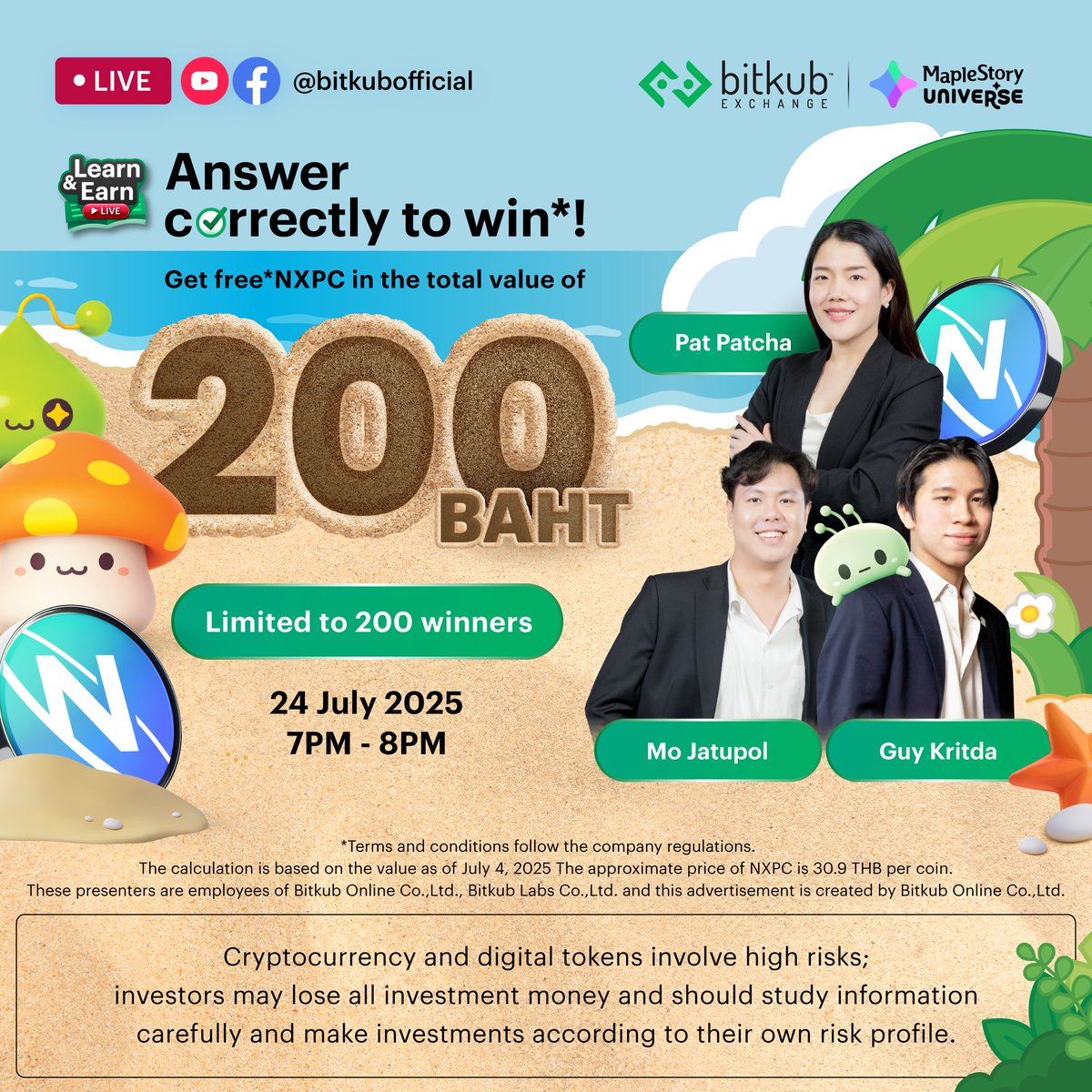 BitkubOfficial's tweet image. 💙Learn and Earn LIVE EP.34 NXPC 💙 @MaplestoryU
.
📚Answer correctly to win*!
Get free NXPC in the value of 200 THB
❗️Limited to 200 rewards
.
👉🏻Register date 22 - 24 July 25
Click >> form.bitkub.com/learn-and-earn…
- Date: 24 July 25
- Time: 7:00-8:00 p.m.
- Channel: Facebook Bitkub…