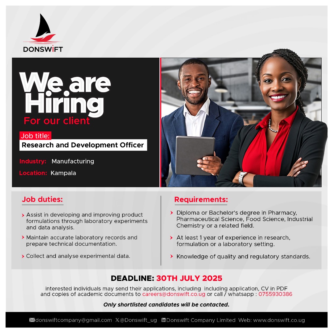 Donswift_ug's tweet image. Are you passionate about innovation and product development?
Apply Now: careers@donswift.co.ug
Deadline: 30th July 2025
For more info: donswift.co.ug/jobs/we-are-a-…
#Hiring
