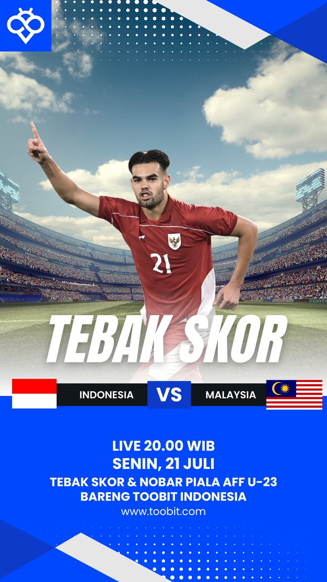 ToobitID's tweet photo. 🎉 TEBAK SKOR & NOBAR PIALA AFF U-23 BARENG TOOBIT INDONESIA

🇮🇩🔥 Indonesia vs Malaysia 🔥🇲🇾

Pertarungan bergengsi antar rival serumpun kembali memanas!
Dukung Garuda Muda dan Tebak Skor pertandingan ini buat dapetin hadiah total Rp250.000! dari Toobit Indonesia
@ToobitID

💸💥
🎁 Total Hadiah: Rp250.000 untuk 5 Pemenang Beruntung!

💬 Cukup komen skor akhir pertandingan di kolom komentar & tag 2 teman mu!
📅 Minggu, 21 Juli 2025
🕗 LIVE: 20.00 WIB

Contoh komentar:
🔢 Indonesia 2 - 1 Malaysia
👥
@teman1
@teman2

📝 Syarat wajib ikutan:
1. Follow X Toobit Indonesia: https://t.co/82rZdRJ0DS
2. Join Telegram group & channel komunitas Toobit Indonesia: https://t.co/adoDZIppfi & https://t.co/nShxwurlH9
3. Follow Instagram Toobit Indonesia: https://t.co/p7me5ZvEA5
4. Like & Retweet postingan ini
5. Komen dibawah ( tebakan skor kalian dan tag 2 teman kalian )

🔔 NOTE: Jawaban eligible sebelum kick-off (20.00 WIB)
Siapakah yang akan keluar sebagai pemenang? 🤔

#TebakSkor #Toobit #AFFU23 #Indonesia #Malaysia #PialaAFFU23 #TimnasDay