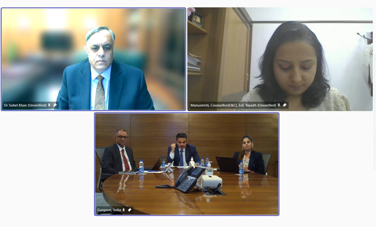 IndianEmbRiyadh's tweet image. Ambassador Dr Suhel Khan had a virtual meeting with the @aramco India leadership led by Manging Director Mr Abdulrahman Al Thukair, and Vice President Mr Sabysachi Dasmohpatra. They discussed issues of mutual intrests and the ongoing collaborations between Aramco and its Indian…