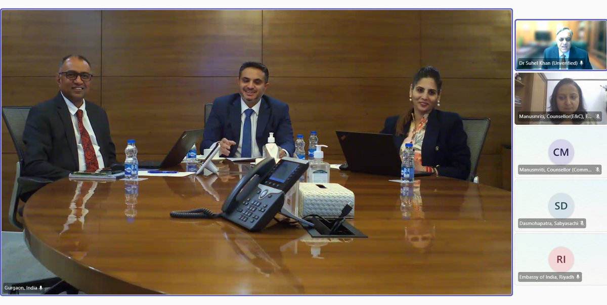 IndianEmbRiyadh's tweet image. Ambassador Dr Suhel Khan had a virtual meeting with the @aramco India leadership led by Manging Director Mr Abdulrahman Al Thukair, and Vice President Mr Sabysachi Dasmohpatra. They discussed issues of mutual intrests and the ongoing collaborations between Aramco and its Indian…