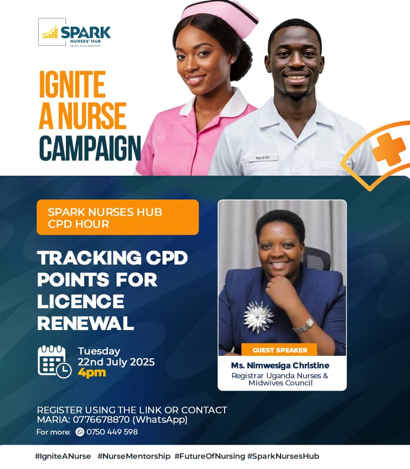 SparkedNurses's tweet photo. Spark Nurses Hub is inviting you for a CPD Hour scheduled for Tuesday 22nd July 2025, at 4:00pm (EAT)

Topic: Tracking CPD Points for License Renewal. 

Speaker: Ms. Nimwesiga Christine, Registrar Uganda Nurses &amp; Midwives Council 

Log in here: https://t.co/ckQxIuVQJE https://t.co/cbpyMkL5Vr