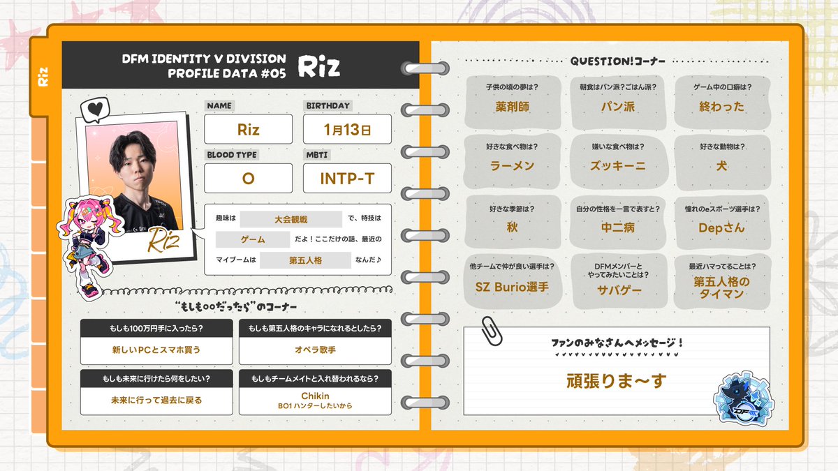 ㅤㅤ IDV部門のプロフィール帳 第5弾 📒 今回公開するのはRiz！ 趣味も
