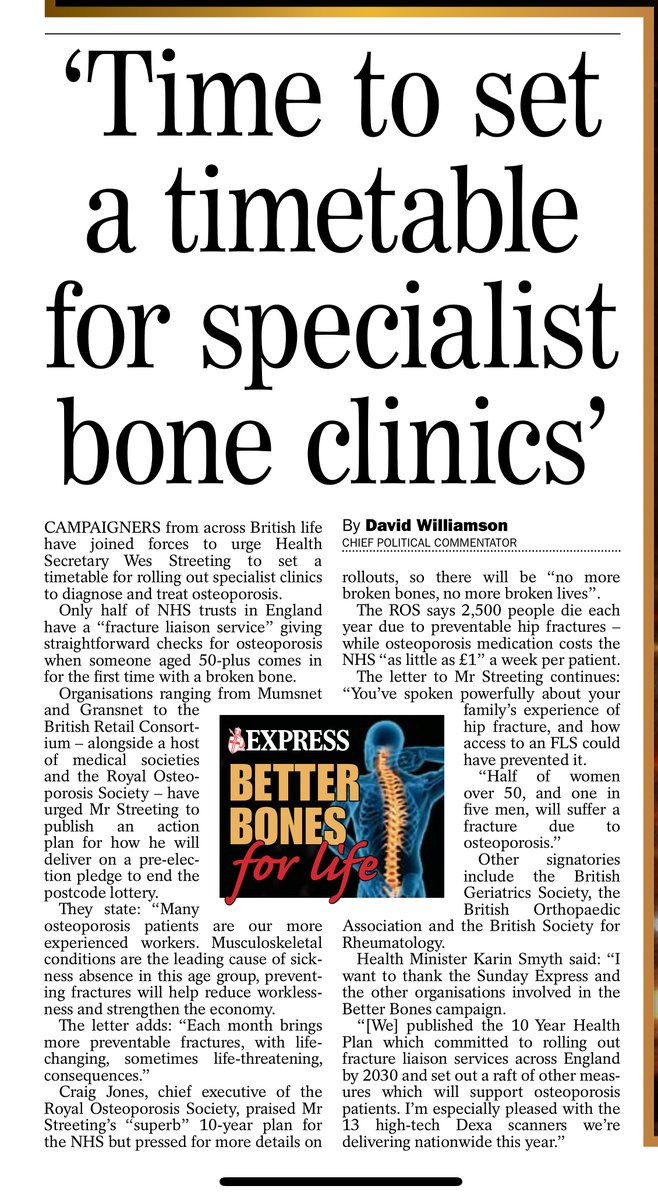 RoyalOsteoSoc's tweet image. Sunday Express Better Bones campaign week 78: Mumsnet, Gransnet, the British Retail Consortium, the Royal Colleges of Physicians, Nursing and Emergency Medicine, & five other leading medical societies join forces in calling @wesstreeting to #PublishTheBonePlanPlease